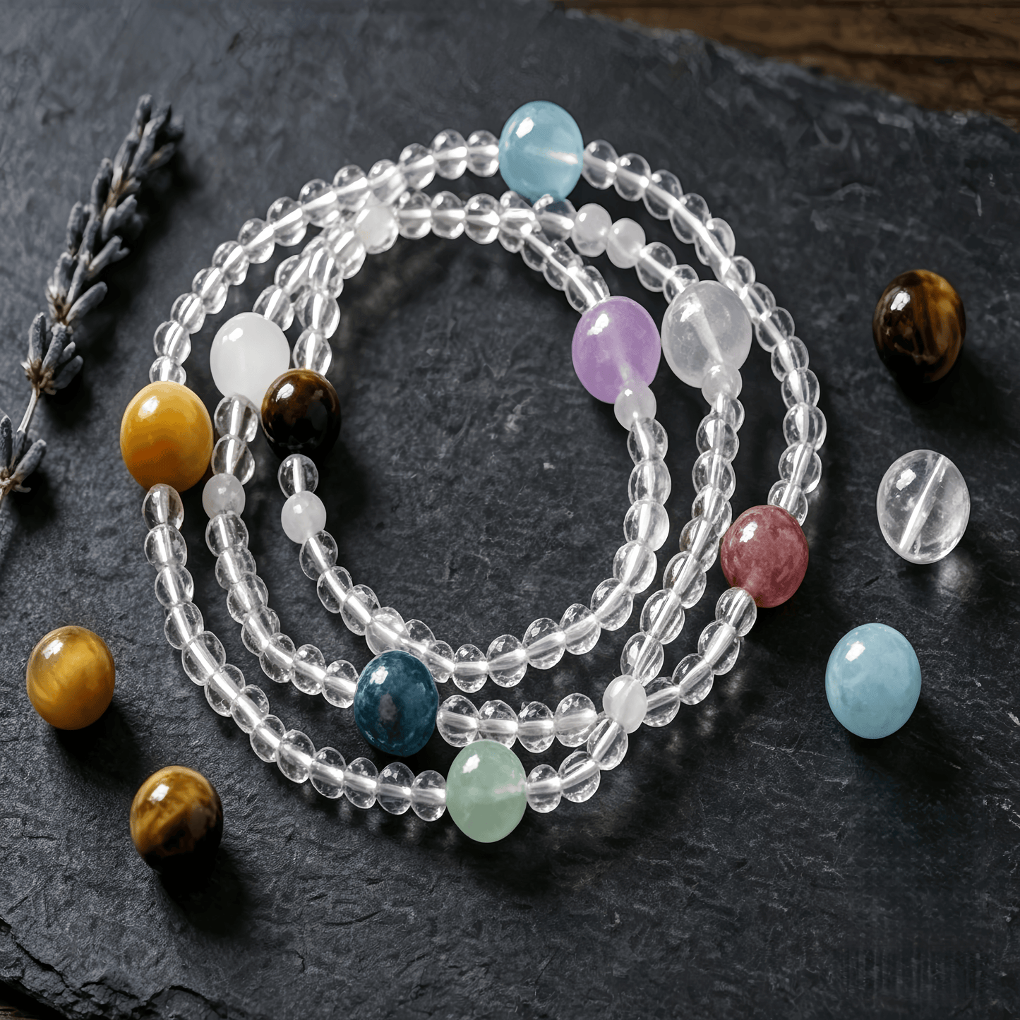 Chakra Balancing Multi-Gemstone Layered Bracelet - Natural Clear Quartz Energy Healer