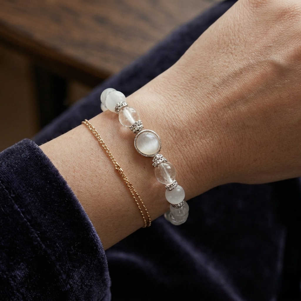 Selenite & Clear Quartz Celestial Moon and Star Energy Bracelet - Handcrafted Beaded Jewelry