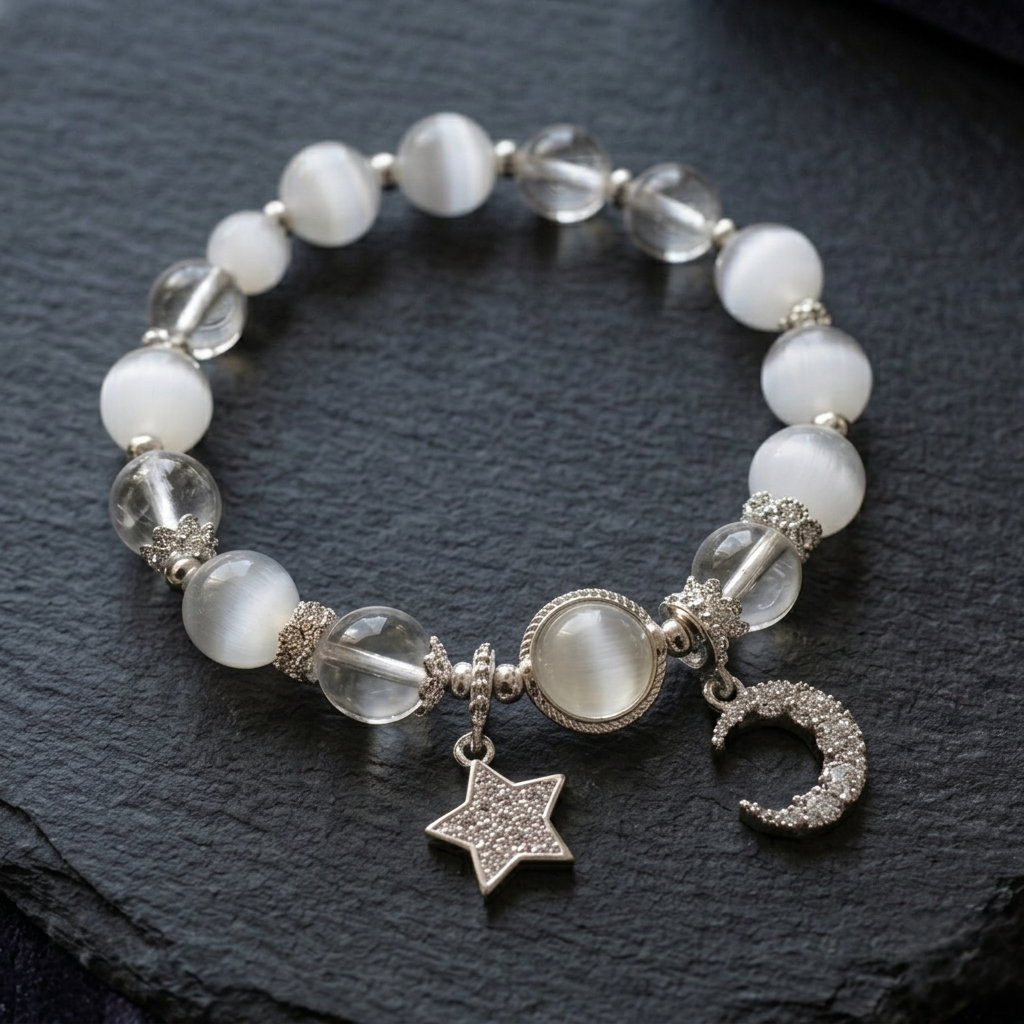 Selenite & Clear Quartz Celestial Moon and Star Energy Bracelet - Handcrafted Beaded Jewelry