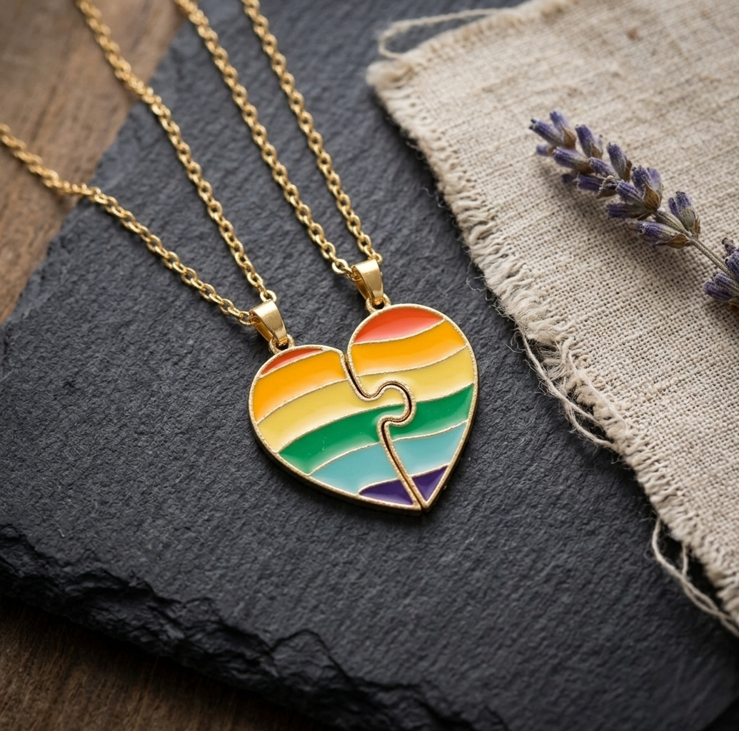 Interlocking Rainbow Heart Puzzle Necklace - Matching Couple's Jewelry Gift for LGBTQ+ Pride