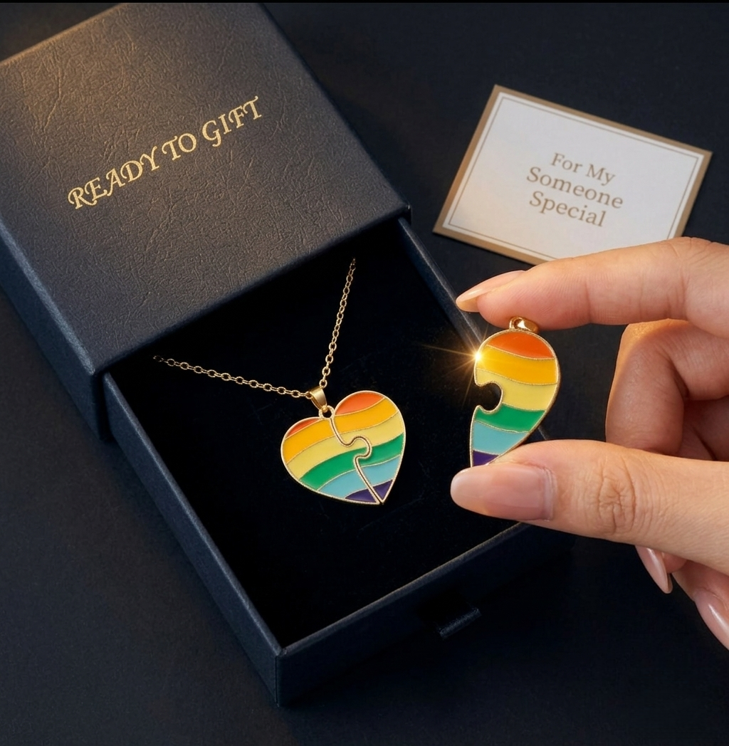 Interlocking Rainbow Heart Puzzle Necklace - Matching Couple's Jewelry Gift for LGBTQ+ Pride