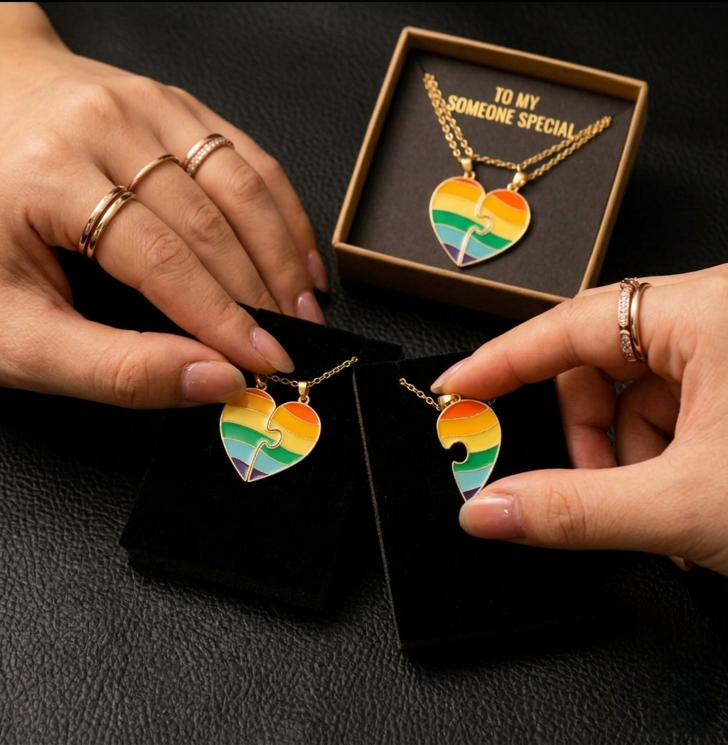 Interlocking Rainbow Heart Puzzle Necklace - Matching Couple's Jewelry Gift for LGBTQ+ Pride