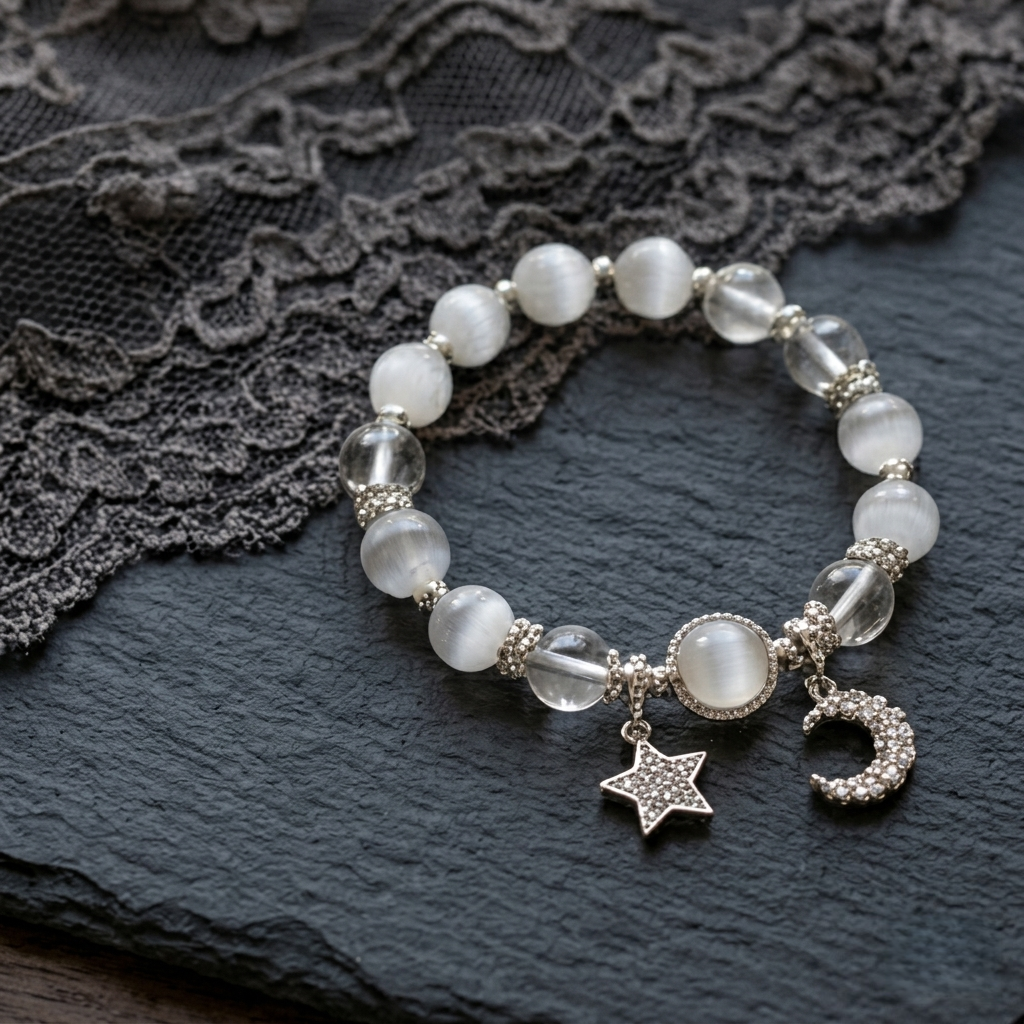Selenite & Clear Quartz Celestial Moon and Star Energy Bracelet - Handcrafted Beaded Jewelry