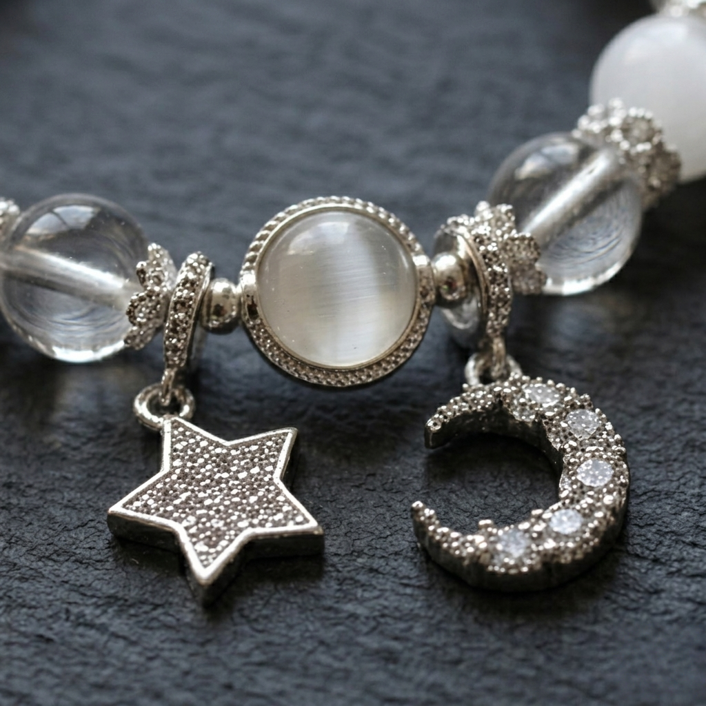 Selenite & Clear Quartz Celestial Moon and Star Energy Bracelet - Handcrafted Beaded Jewelry
