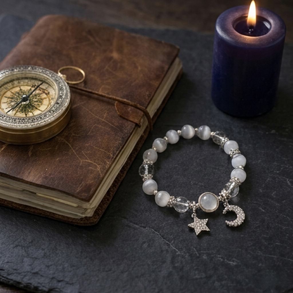 Selenite & Clear Quartz Celestial Moon and Star Energy Bracelet - Handcrafted Beaded Jewelry